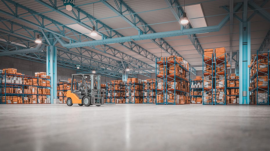 warehouse with goods ready for shipment, forklift in the foreground. 3d render