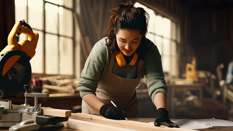 Young woman carpenter is working in a workshop.